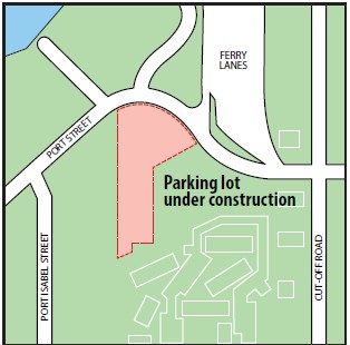 The City of Port Aransas was to build a 50,000-square-foot parking lot off Port Street. Work continued in late December. Map by Keith Petrus